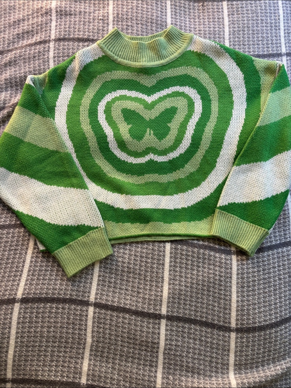 Divided Green and Cream Butterfly Crop Sweater, M